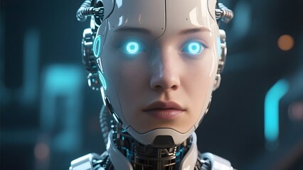 Advanced humanoid robot with glowing blue eyes and intricate mechanical design