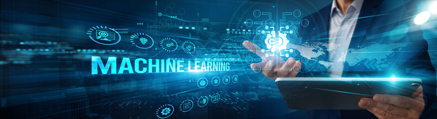 An engineer using a tablet analyzes machine learning algorithm data prediction, automation integration optimization intelligence monitoring innovation accuracy.