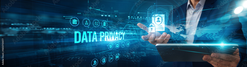 Aufkleber an officer using a tablet analyzing data privacy compliance data protection, security automation reg