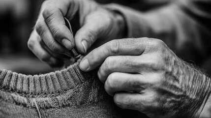 Hands sewing collar tag onto knitted sweater in closeup black and white detail