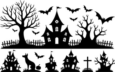 halloween background with house, castle and bats, halloween, house, night, moon, castle, bat, silhouette, holiday, scary, illustration, horror, cartoon, haunted, tree, vector, dark, autumn, spooky, ba