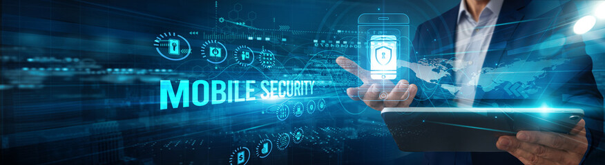Specialist using a tablet analyzing mobile security threat data protection, encryption monitoring...