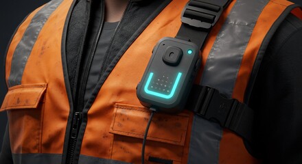Worker Wearing High Visibility Orange and Gray Safety Jacket with Portable Bluetooth Device on Chest