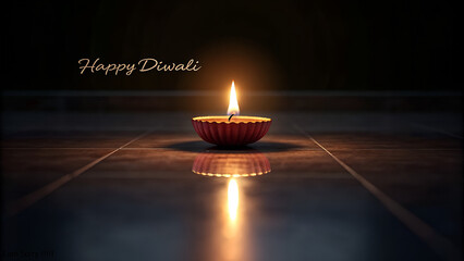 A single diwali diya with flame glowing on a reflective surface with happy diwali text overlayed