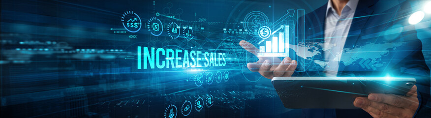 The executive is using a tablet to analyze increased sales revenue data performance, monitoring customer trends for efficiency optimization integration innovation growth.