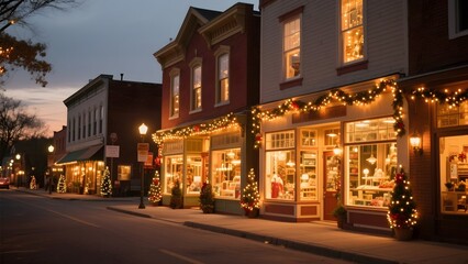 Charming Town Street Decorated with Christmas Lights and Wreaths at Dusk
