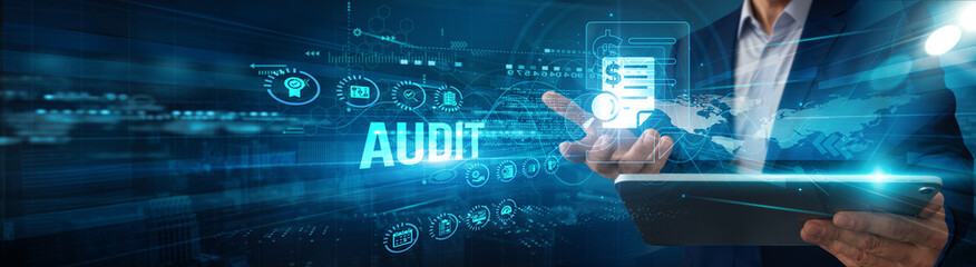 Auditor using a tablet analyzing audit compliance data reporting, monitoring accuracy risk efficiency integration transparency optimization performance.