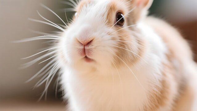 Close-up of a Fluffy White and Brown Rabbit with Long Whiskers - Powered by Adobe