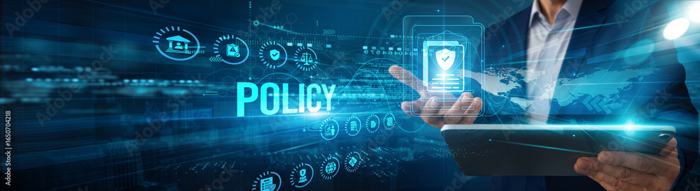 Poster administrator using a tablet to analyze policy regulation data compliance, monitoring governance eff