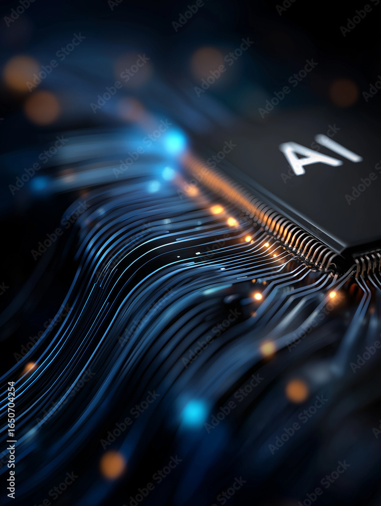 Aufkleber digital intelligence: a close-up shot of a cutting-edge microchip, the word ai emblazoned across its