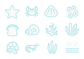 Bioluminescent Tide Pool Icons. Outline icon set of bioluminescent tide pools: glowing sea stars, tiny crabs,