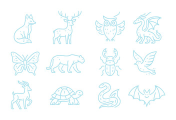 Neon Animal Icons. Outline icon set of fantasy glowing animals: neon fox, luminous deer, glowing owl,