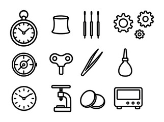 Watchmaking Tools Icons. Outline icon set of traditional watchmakers: pocket watches, magnifying loupe, tiny