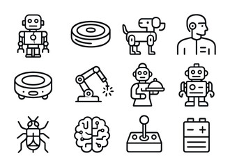 Retro Robotics Icon Set. Outline icon set of retro robotics: humanoid robots, cleaning bots, mechanical dogs,