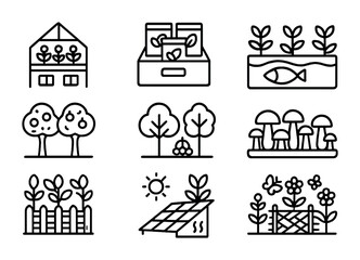 Naklejka premium Regenerative Food Icons. Outline icon set of regenerative food systems: rooftop greenhouses, seed libraries,