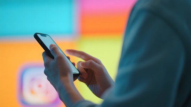 Person using a smartphone with colorful background