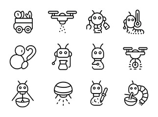 Fototapeta premium Microrobot Kitchen Helpers. Outline icon set of kitchen helper microrobots: ingredient sorting bots, spice