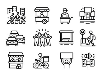 Chaotic City Energy Icons. Outline icon set of chaotic city energy: crowded intersections, street vendors,