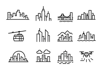 Fototapeta premium Skyline Icon Set. Outline icon set of skyline perspectives: panoramic rooftops, tower silhouettes, bridge