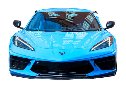 Chevrolet Corvette C8 sport car blue color isolation on white. Corvette Stingray C8 high-performance vehicles, epitome automotive elegance, pinnacle car engineering from USA. 