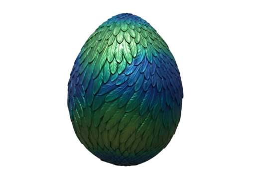 Colorful iridescent egg covered with feather-like scales set against black background