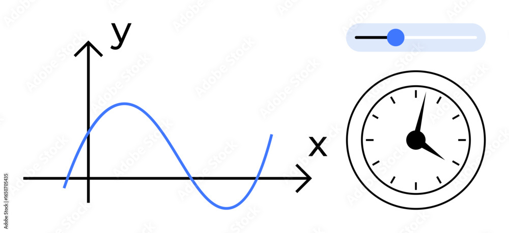 Poster Line graph with X and Y axes, clock for time measurement, and a slider element for adjustable precision. Ideal for analysis, data presentation, time management, workflow optimization, trends
