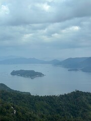 Aerial View of Island Landscape with Lush Mountains