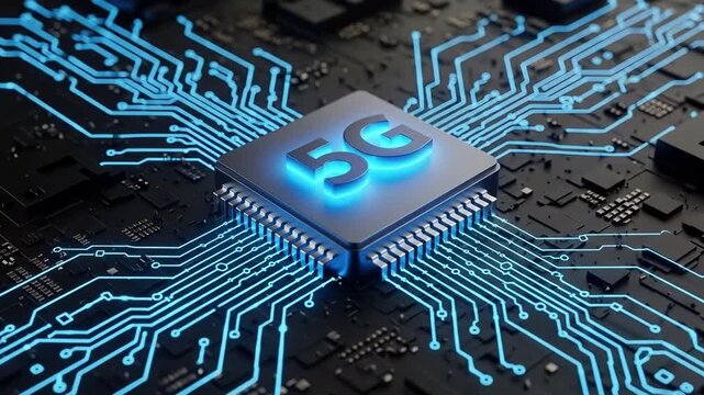 A central chip labeled 5G glows intensely surrounded by a network of interconnected circuits suggesting advanced connectivity and technological innovation - Powered by Adobe