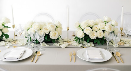 Elegant wedding table decoration with white roses, golden cutlery, candles and glasses for a romantic and luxurious celebration