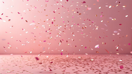 Pink confetti falling onto a pink surface creating a festive and celebratory atmosphere in studio