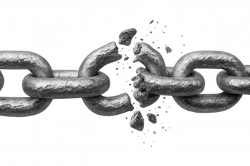 Steel chain shattering, metallic fragments dispersing against transparent backdrop, symbolizing breakthrough, freedom, personal transformation