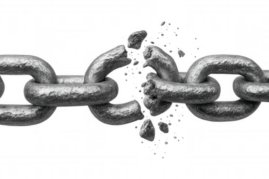 Steel chain shattering, metallic fragments dispersing against transparent backdrop, symbolizing breakthrough, freedom, personal transformation