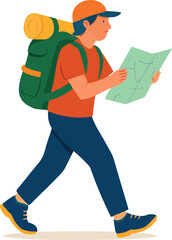 Backpacker hiking with a map in hand Illustration