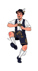 PNG cut out isolated background. Happy young man in traditional lederhosen performing a Bavarian folk dance.

