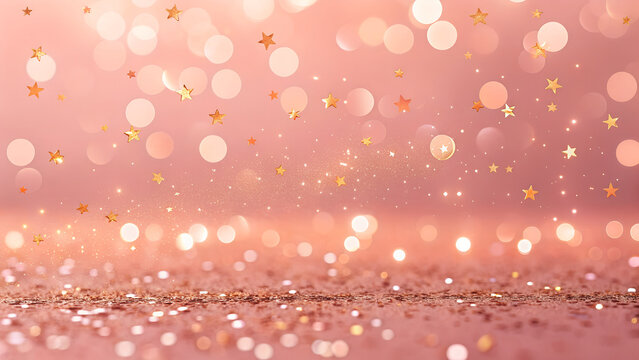 A festive pink background with bokeh lights and gold star shaped confetti falling down gently and softly