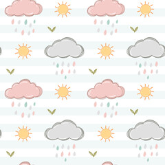 Seamless pattern with clouds and sun in kids crayon style. Cute playful childlike doodle design. Springtime