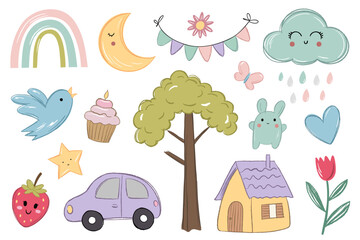 Cute doodle set with rainbows, house, car, flower, cloud, tree. Childlike pencil drawing style.