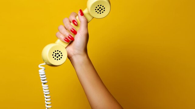 Hand holding a vintage yellow telephone receiver, showcasing a dynamic grip with vibrant red nails, illustrating the act of communication in a bright, cheerful environment with a yellow backdrop