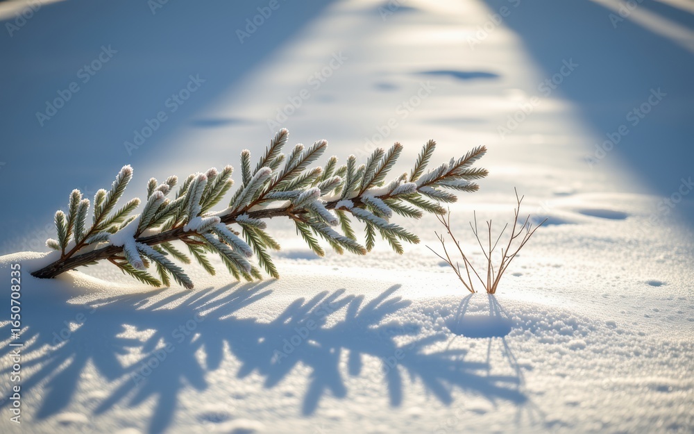 Poster frost-covered branch casting shadows on pristine snow.