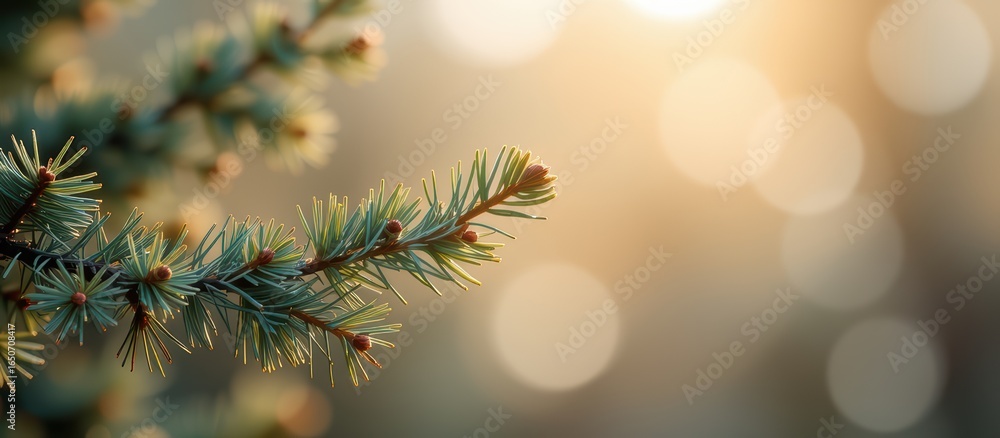 Poster close-up of a pine branch with soft bokeh background lighting.