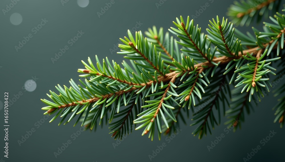 Poster green pine branch on a textured background with soft bokeh effect.