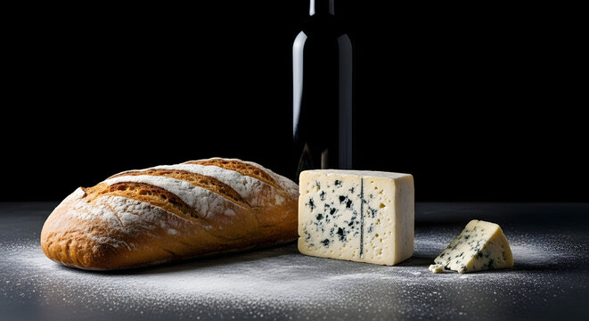 Artisan bread blue cheese and wine bottle still life