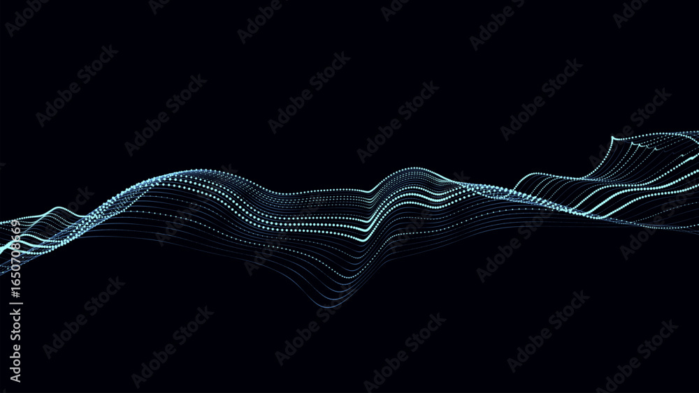 Poster abstract vector technology blue wave with motion glowing dots. musical dark cyberspace in digital ba