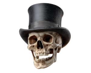 Skull with big silly grin wearing black top hat, isolated on transparency background, humorous and quirky, perfect for Halloween or gothic themes, evokes playful mood