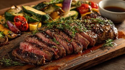 Succulent Steak and Grilled Vegetables: A mouthwatering image of a perfectly grilled steak, expertly sliced to reveal its tender, juicy interior, accompanied by a vibrant array of grilled vegetables.