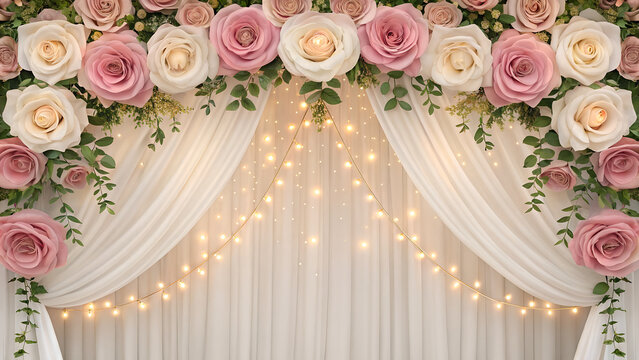 Elegant wedding backdrop with pink and white roses, white drapery, and string lights decoration