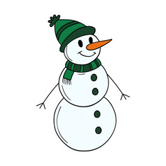Funny, smiling andhappy winter outdoor snowman character with hat and scarf. Snow day playtime winter scene season. Activity for children element collection