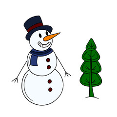 Funny, smiling andhappy winter outdoor snowman character with hat and scarf. Snow day playtime winter scene season. Activity for children element collection
