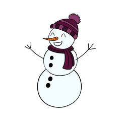 Funny, smiling andhappy winter outdoor snowman character with hat and scarf. Snow day playtime winter scene season. Activity for children element collection