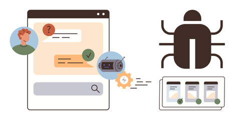Chat conversation with chatbot, user query, bug icon, solution screens, and gears for processing. Ideal for problem-solving, debugging, coding, software automation IT support simple flat metaphor